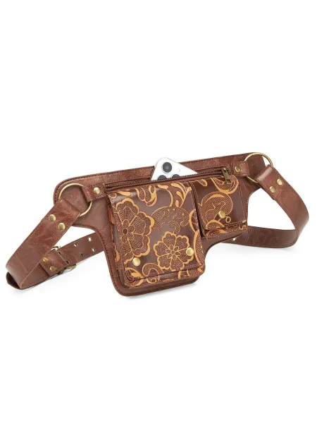 Design Embossed Floral Gray Leather Belt Bag - 43