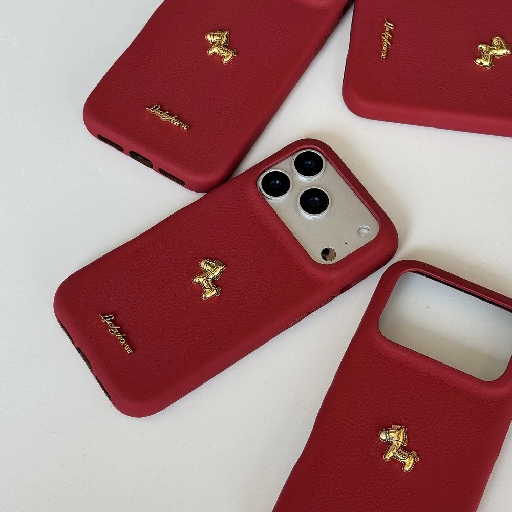 Design Luckyhorse Red Leather Phone Case with Gold Horse Charm Phone Accessories - 3