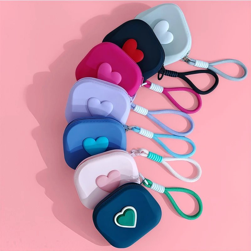 soft silicone square pouch with raised heart applique and wrist strap — SB001283 listing image