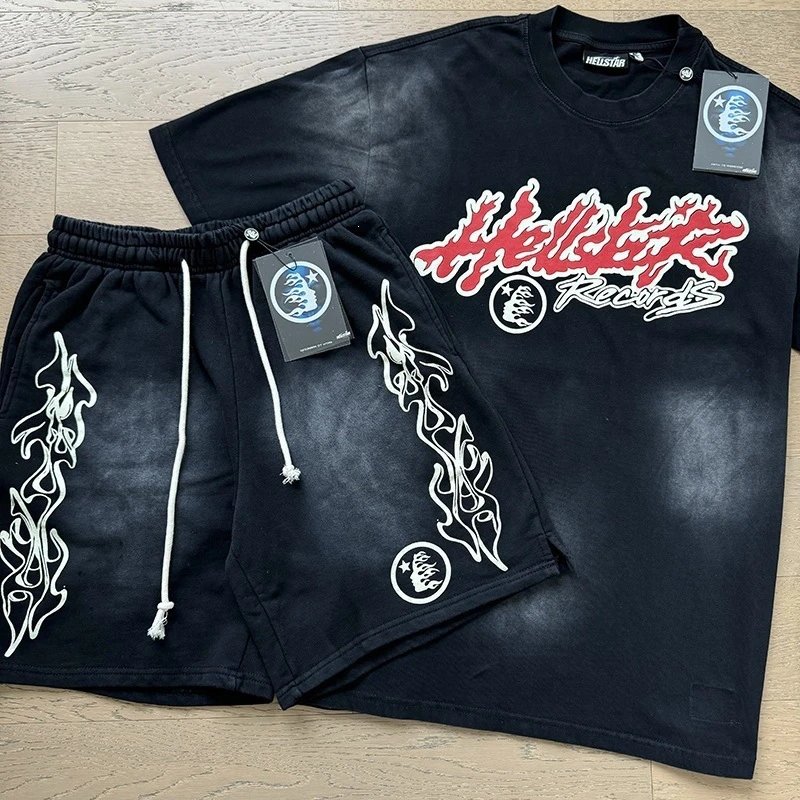 Hellstar Flame Graphic T-Shirt and Shorts Set Black with Neon Green - 32