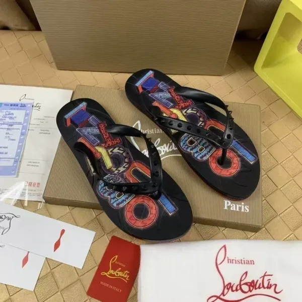 Christian Louboutin Logo-Print Spiked Thong Sandals Black Multicolor Slippers - 1