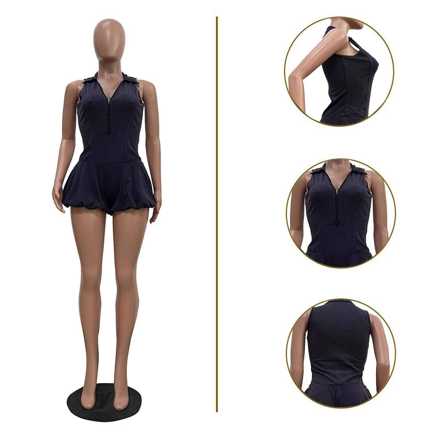 Design Ribbed V-Neck Romper Navy Blue Set - 13