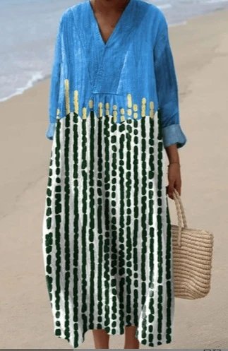 Design Leaf Print V-Neck Midi Dress Blue - 3