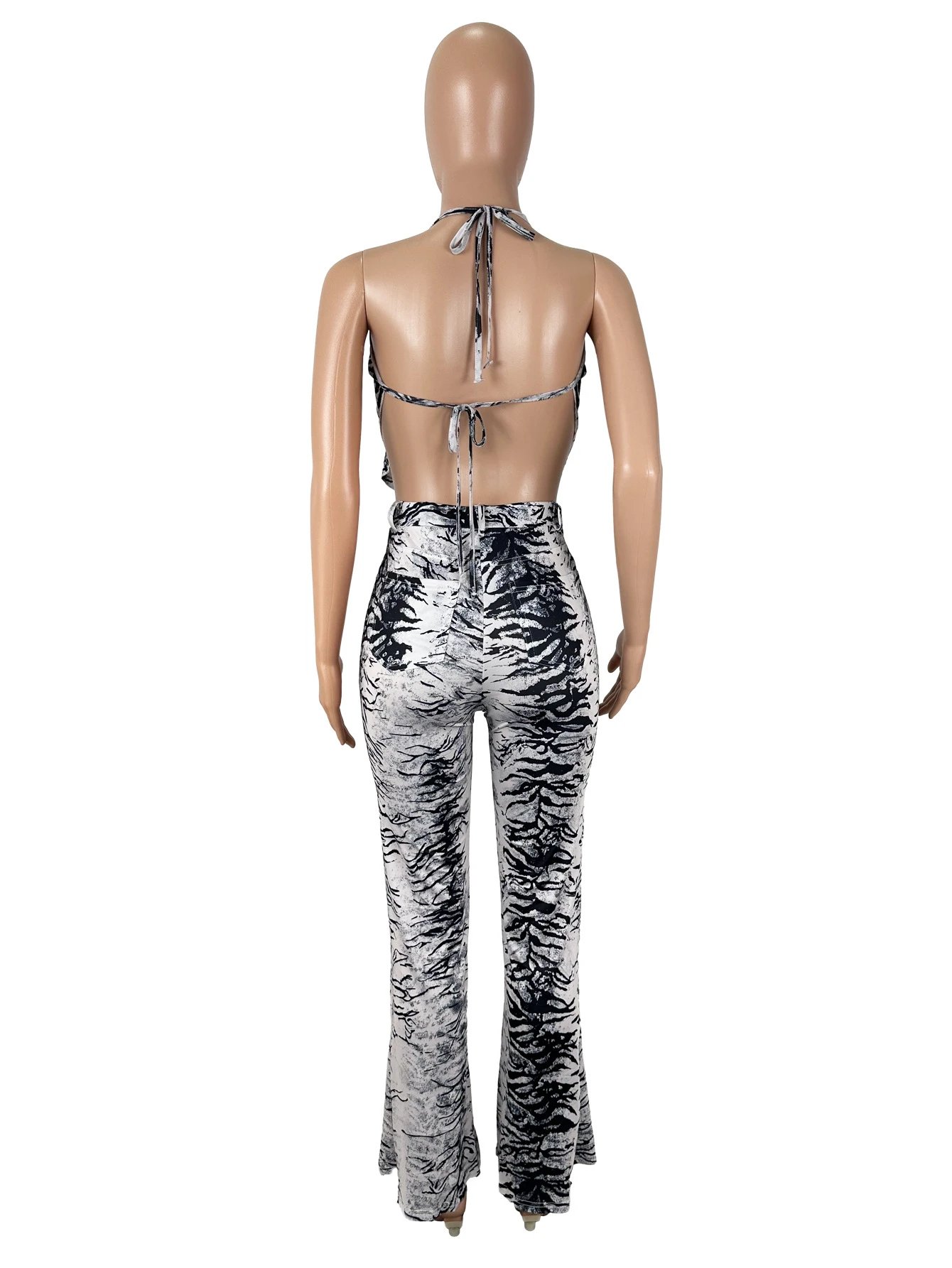 Design Snake Print Halter Neck Bodysuit and Flared Pants Set Multicolor - 20