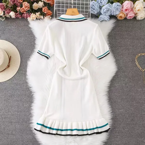 Design Knit Polo Dress with Vertical Stripes and Ruffle Hem White - 16