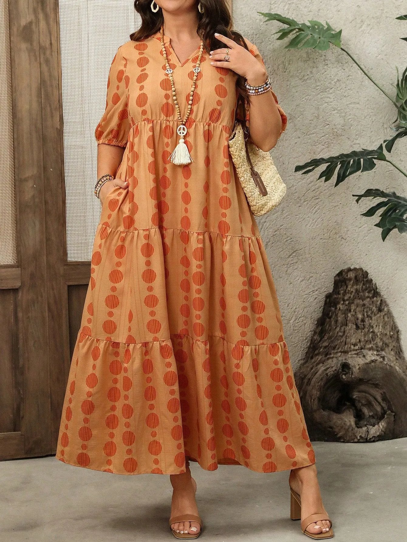 Design Tiered Polka Dot Orange Beige Maxi Dress - 9