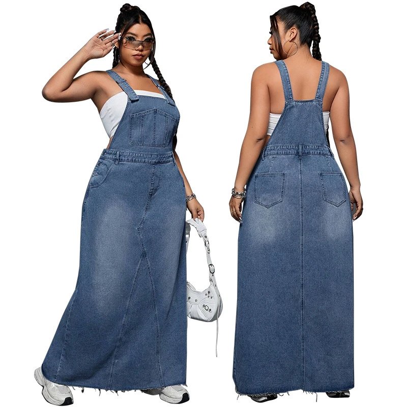Design Denim Overalls Maxi Dress in Medium Wash Blue Dress - 10