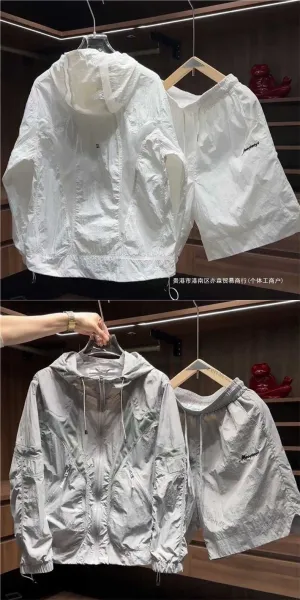 Design Windbreaker Set White Lightweight Hooded Jacket and Shorts - 7