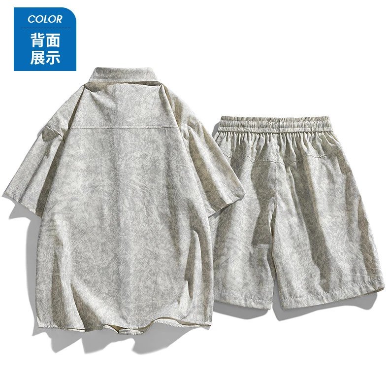 Design Washed Linen-Blend Shirt and Drawstring Shorts Set Gray - 16