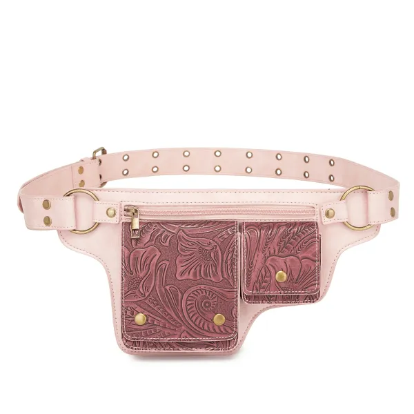 Design Embossed Floral Gray Leather Belt Bag - 35