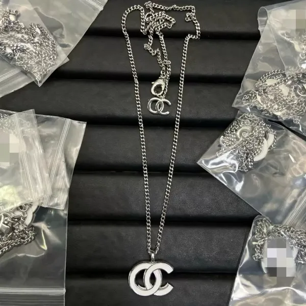 Chanel CC Logo Pendant Necklace Silver Chain Jewelry - 1