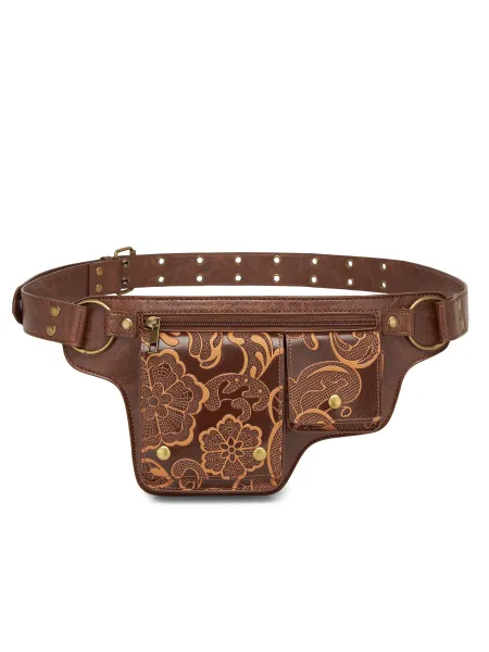 Design Embossed Floral Gray Leather Belt Bag - 42