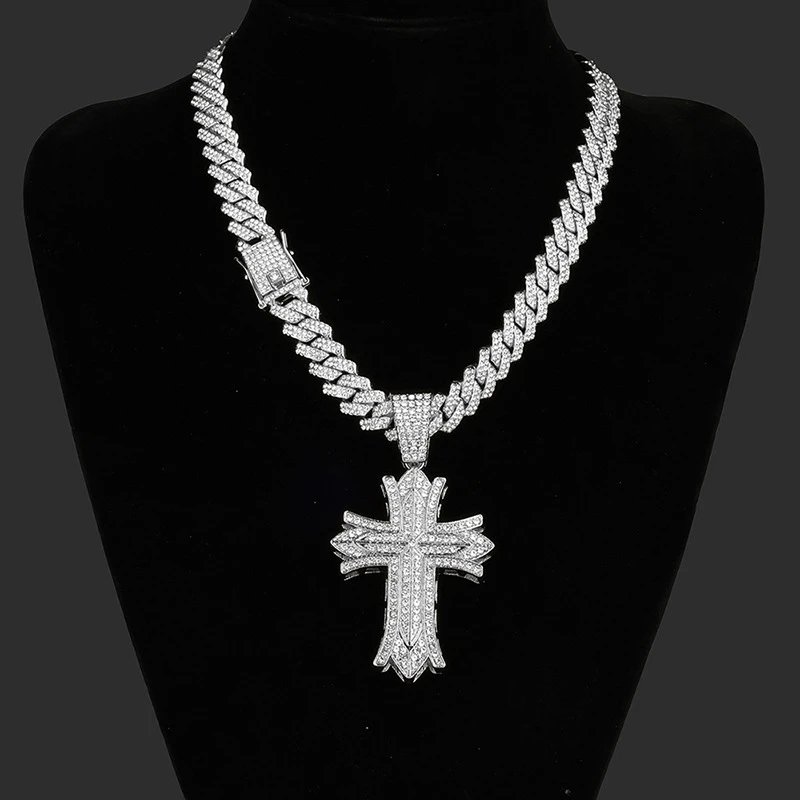 Design Gold Iced-Out Cross Pendant Necklace with Cuban Chain Jewelry - 10