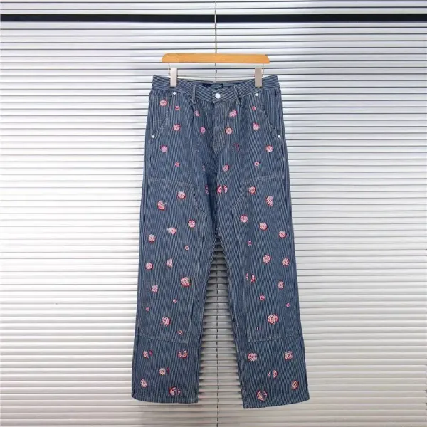 Denim Tears Striped Workwear Pants with Floral Embroidery Blue - 1