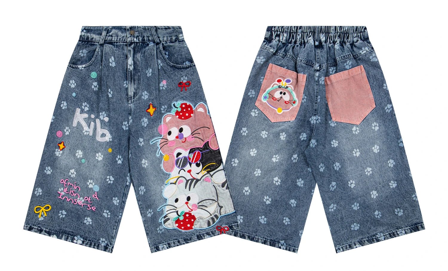 Design Kib Denim Shorts with Embroidered Cats and Paw Prints Multicolor Jeans Shorts - 2