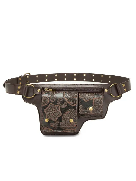 Design Embossed Floral Gray Leather Belt Bag - 38