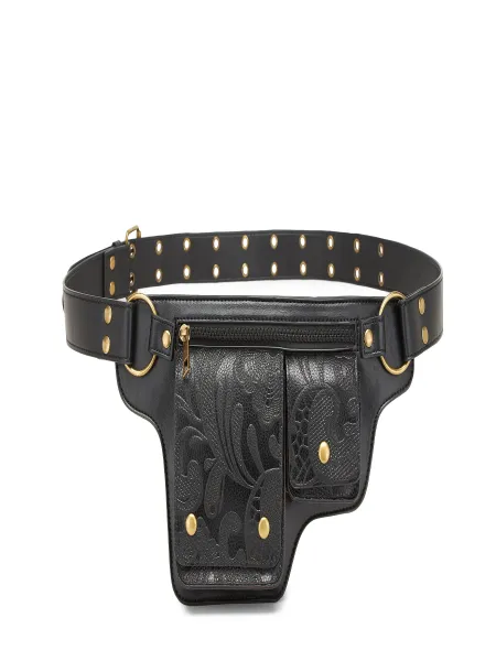 Design Embossed Floral Gray Leather Belt Bag - 46