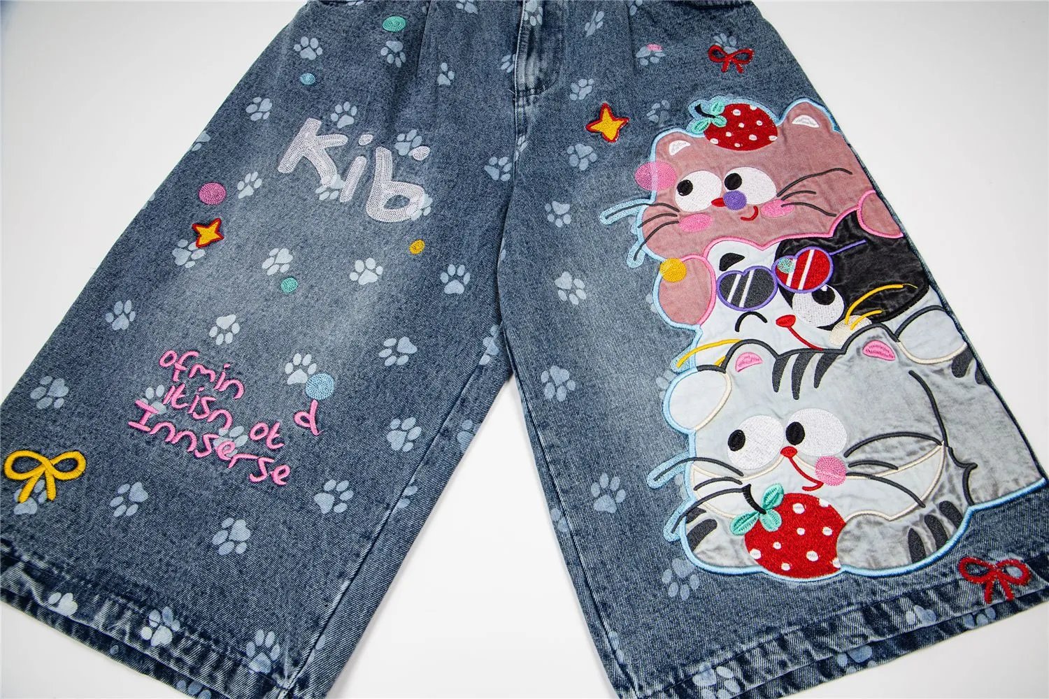 Design Kib Denim Shorts with Embroidered Cats and Paw Prints Multicolor Jeans Shorts - 15