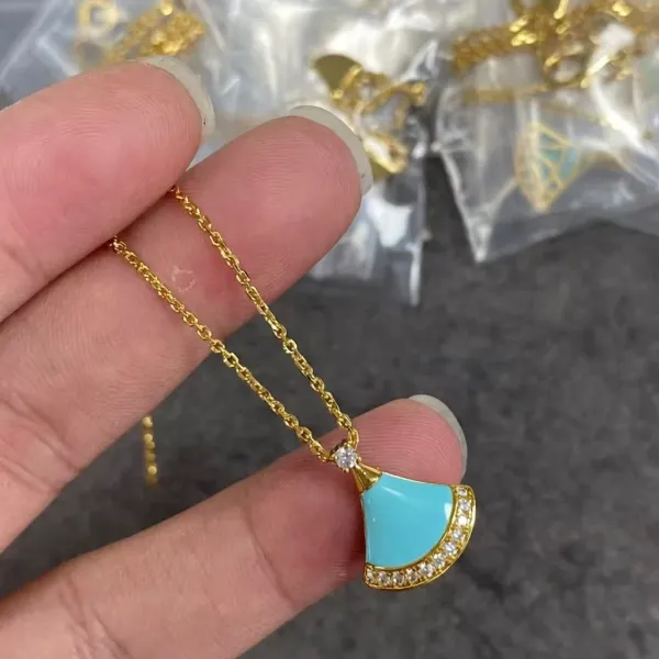 Design Fan-Shaped Turquoise Enamel Necklace with Cubic Zirconia Jewelry - 1