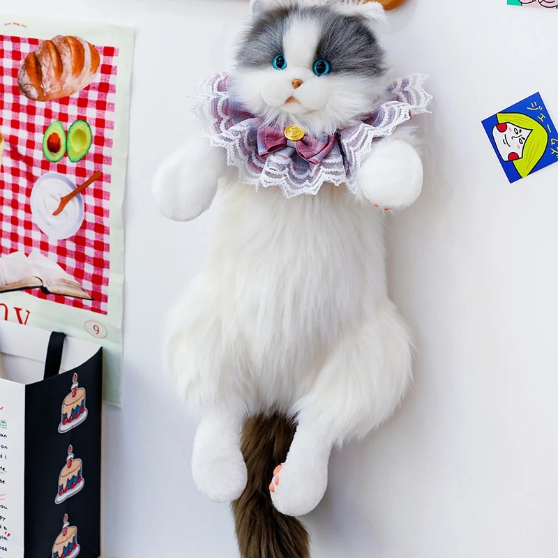 Fluffy Cat Plush Toy with Lace Collar White / Gray Accessories