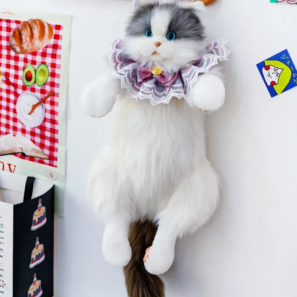 Design Fluffy Cat Plush Toy with Lace Collar White / Gray Accessories - 1