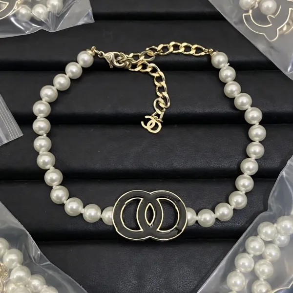 Chanel CC Logo Pearl Necklace Black and Gold Jewelry - 1