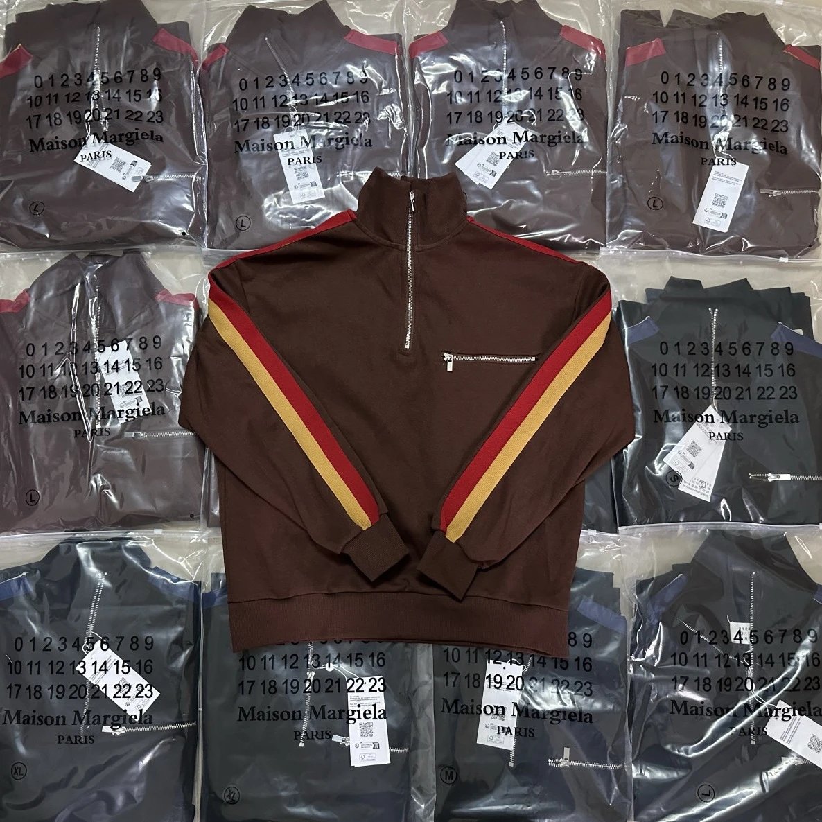 Maison Margiela Half-Zip Track Jacket Brown with Red-Yellow Stripes - 136020