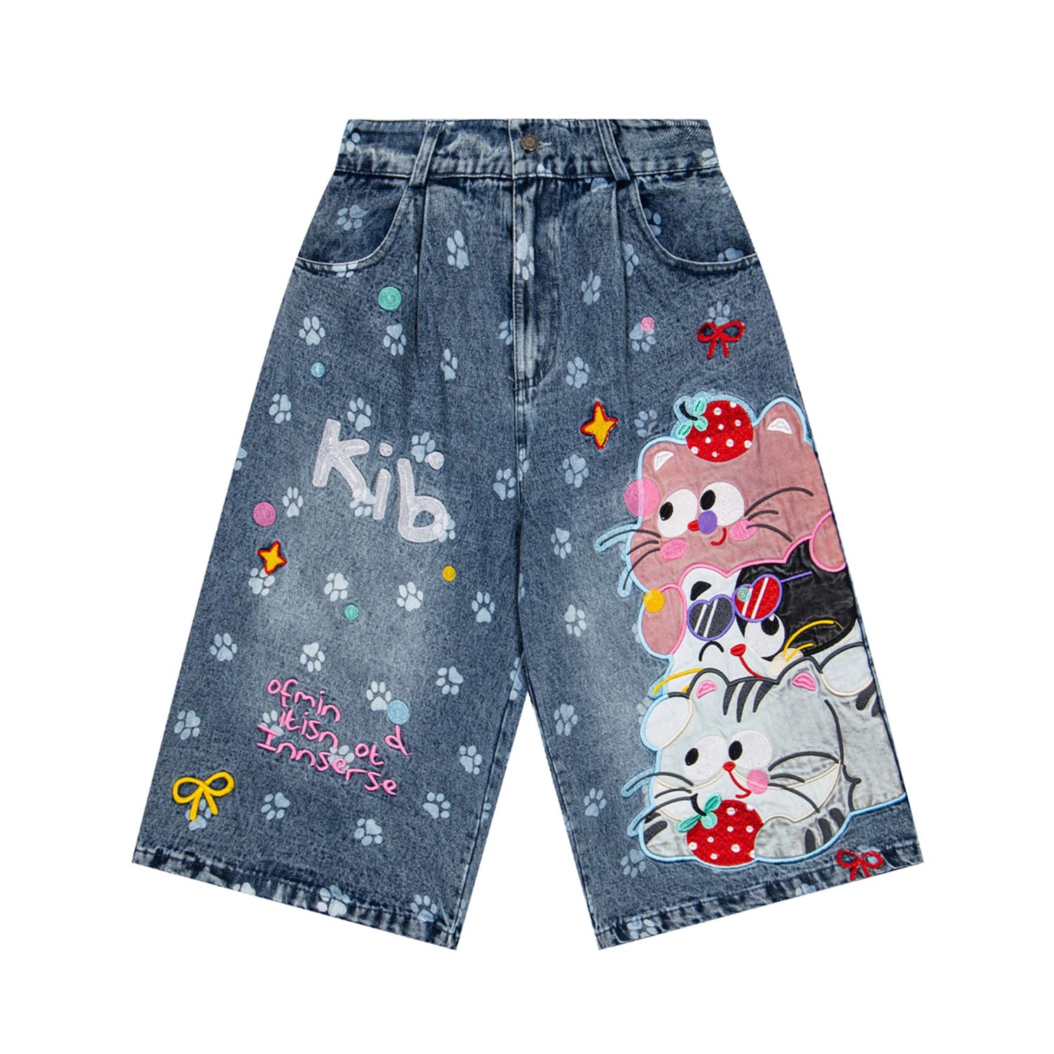 Design Kib Denim Shorts with Embroidered Cats and Paw Prints Multicolor Jeans Shorts - 6
