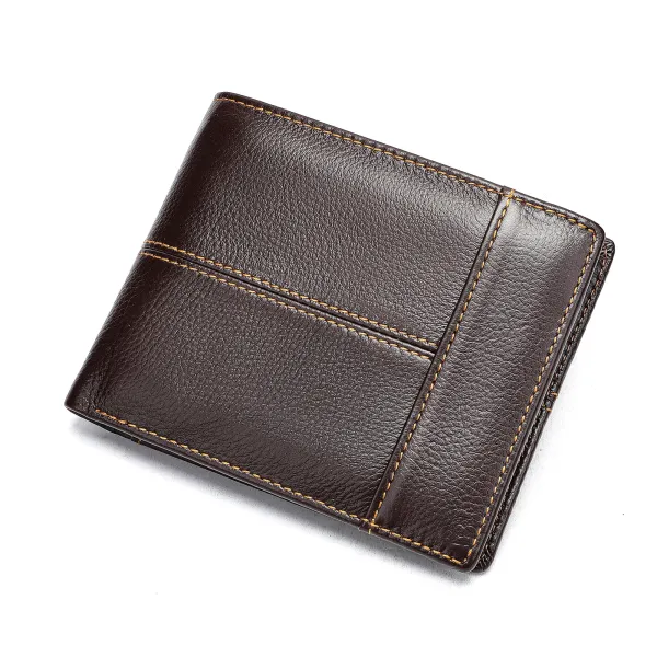 Design Classic Stitched Brown Leather Short Wallet - 1