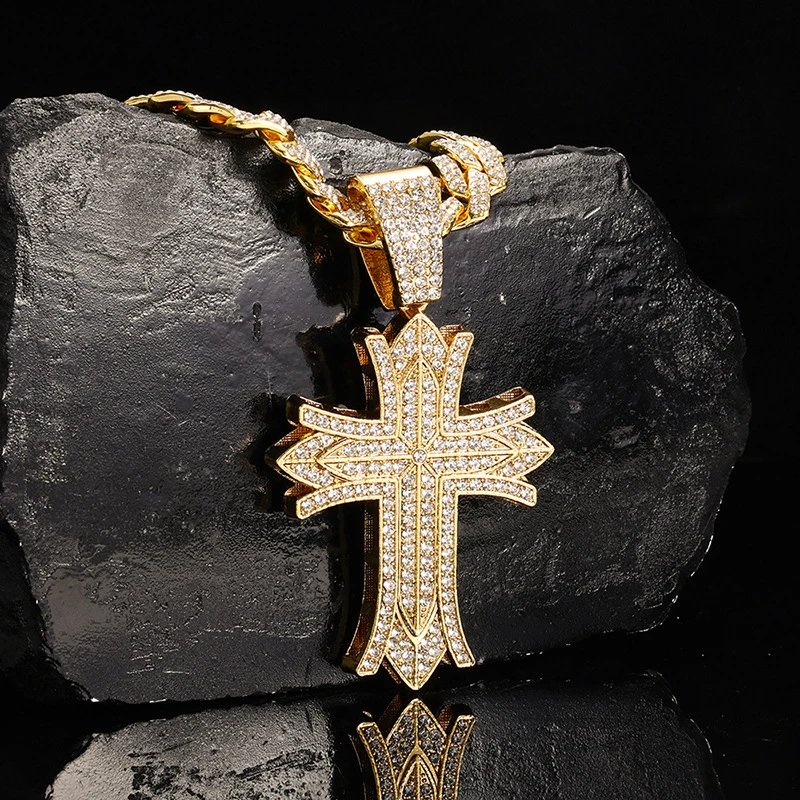 Design Gold Iced-Out Cross Pendant Necklace with Cuban Chain Jewelry - 9