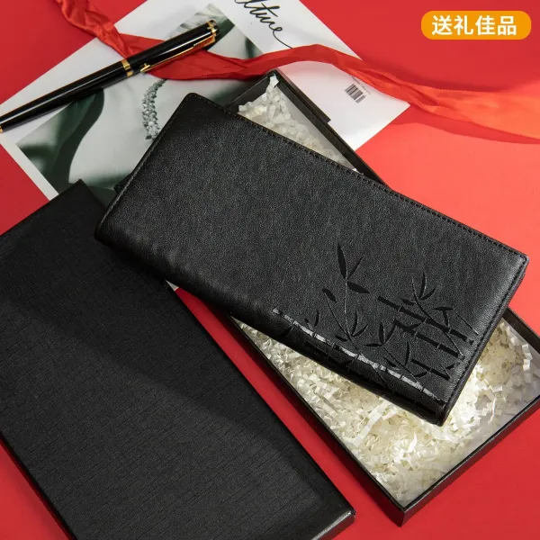 Design Bamboo Embossed Black Long Wallet - 1