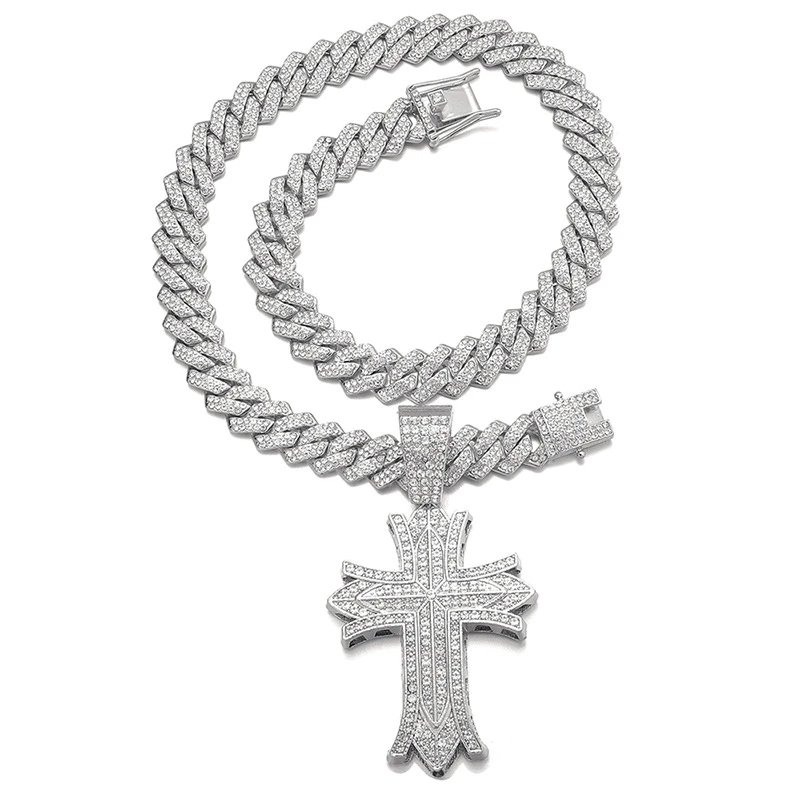 Design Gold Iced-Out Cross Pendant Necklace with Cuban Chain Jewelry - 12