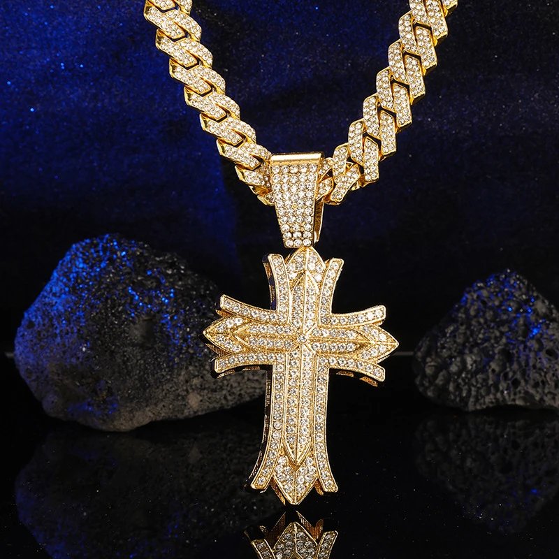 Design Gold Iced-Out Cross Pendant Necklace with Cuban Chain Jewelry - 7