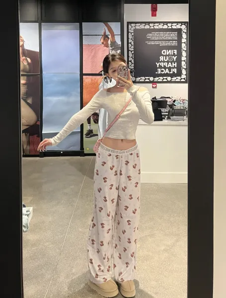 Design Floral Print Wide-Leg Pajama Pants White Sleepwear - 20