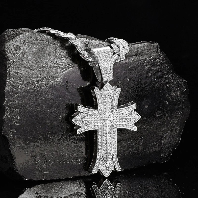Design Gold Iced-Out Cross Pendant Necklace with Cuban Chain Jewelry - 8