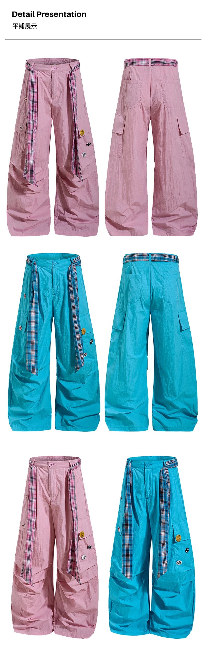 Design Wide-Leg Cargo Pants with Plaid Tie-Details Turquoise Pants - 7