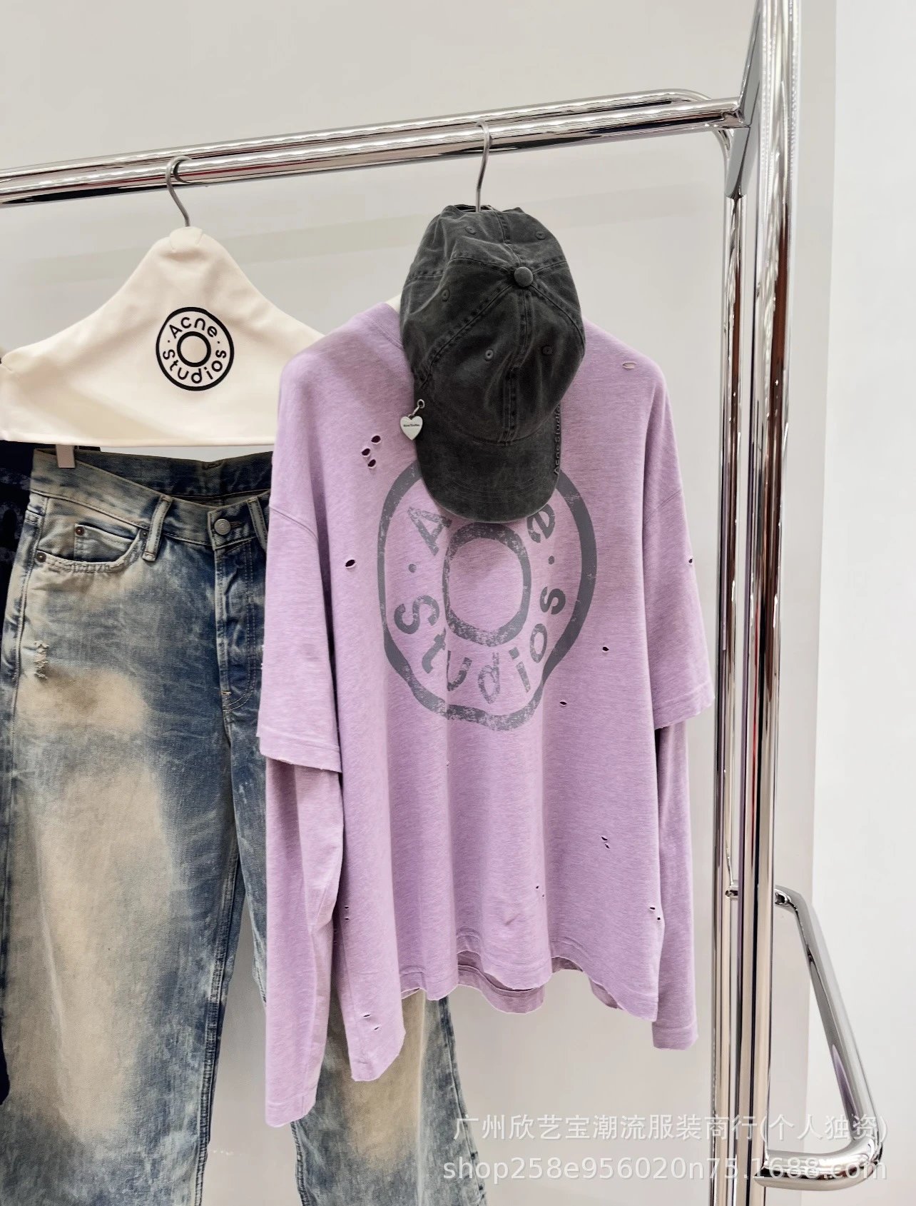Acne Studios Distressed Logo Print Navy T-Shirt - 5