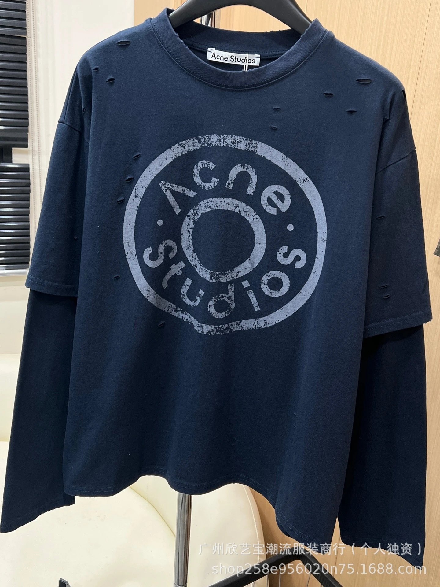 Acne Studios Distressed Logo Print Navy T-Shirt - 7