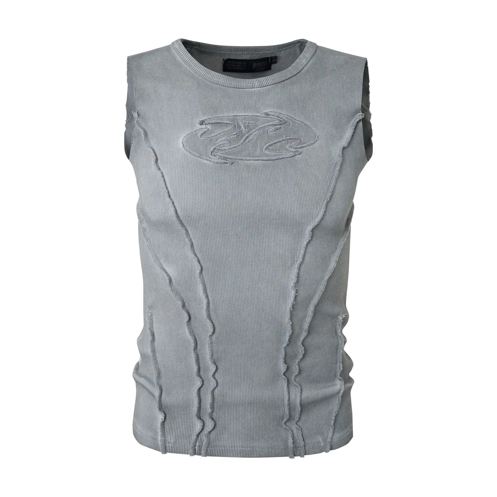 Design Corduroy Distressed Sleeveless Top Gray Vest Top - 6