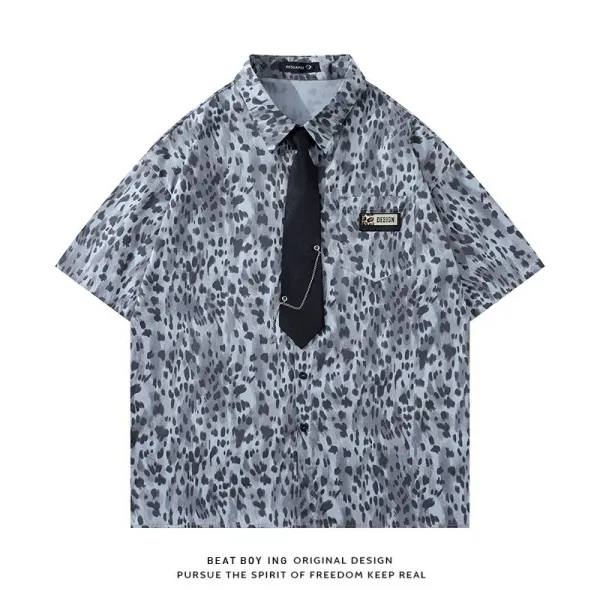 Design Leopard Print Short Sleeve Shirt with Tie Detail - 1