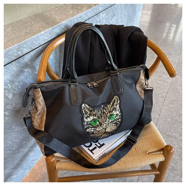 Design Cat Embroidery Sequin Duffle Bag Black - 47