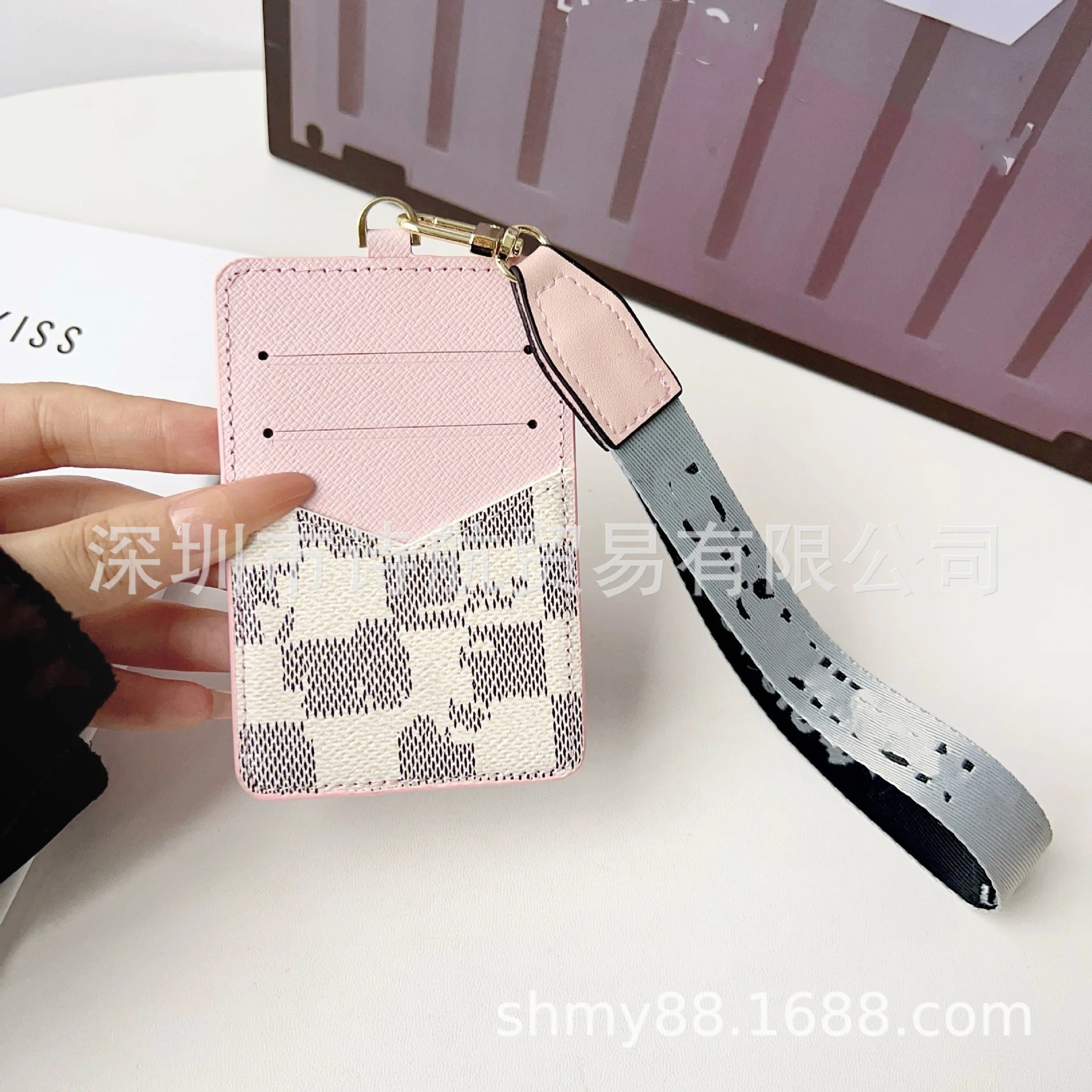 Design Card Holder Lanyard with Checkered Pattern Black Wallets - 9