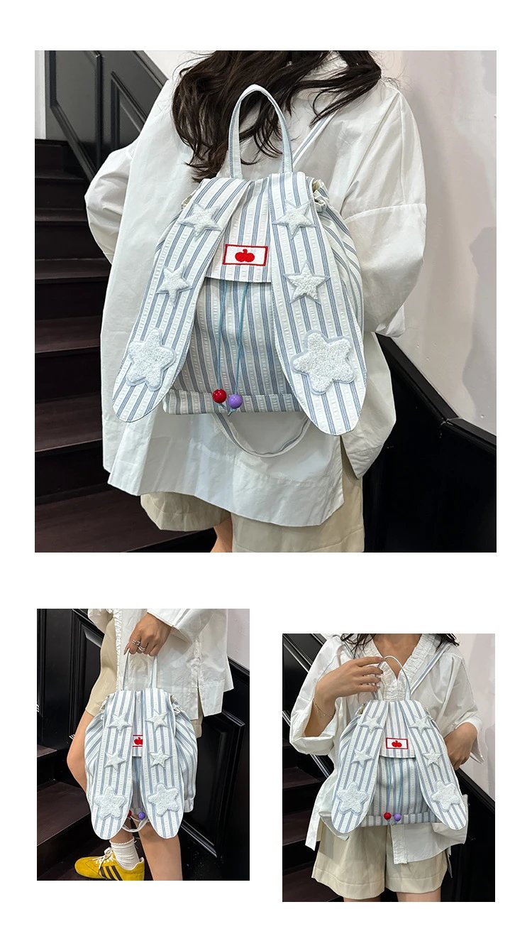 Design Striped Star-Embroidered Bunny Ear Backpack Beige - 9