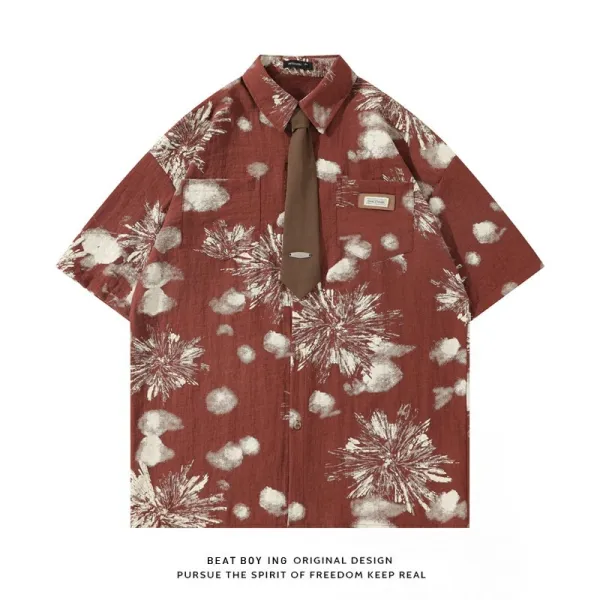 Design Beat Boy Ing Floral Print Short-Sleeve Shirt in Rust Red Shirt - 1