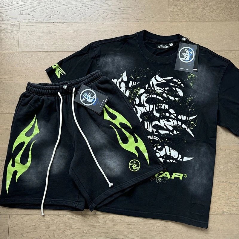 Hellstar Flame Graphic T-Shirt and Shorts Set Black with Neon Green - 4