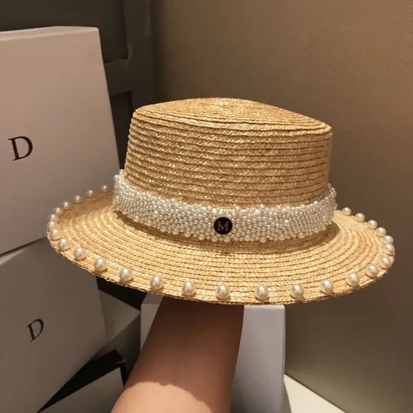 Design Pearl-Embellished Straw Boater Hat Beige Hats - 3