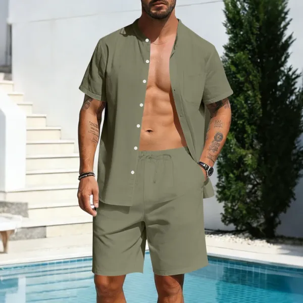 Design Olive Green Button-Front Shirt and Drawstring Shorts Set - 22