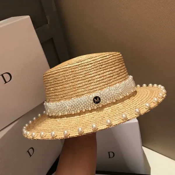 Design Pearl-Embellished Straw Boater Hat Beige Hats - 13