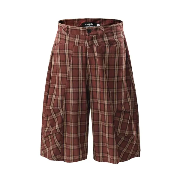 Design Crowdcity Pleated Plaid Shorts Burgundy Shorts - 6