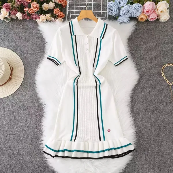 Design Knit Polo Dress with Vertical Stripes and Ruffle Hem White - 15